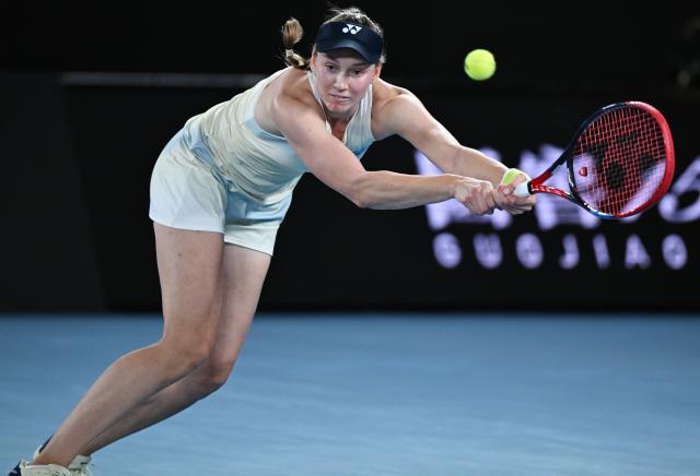(260129) -- MELBOURNE, Jan. 29, 2026 (Xinhua) -- Elena Rybakina hits a return during the women's singles semifinal match between Jessica Pegula of the United States and Elena Rybakina of Kazakhstan at the Australian Open tennis tournament in Melbourne, Australia, Jan. 29, 2026. (Photo by Wang Shen/Xinhua)