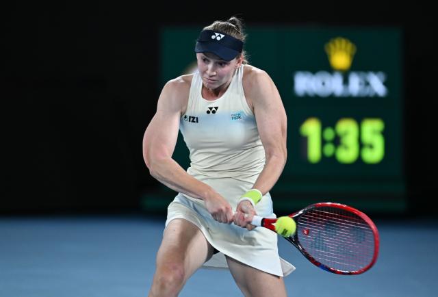 (260129) -- MELBOURNE, Jan. 29, 2026 (Xinhua) -- Elena Rybakina hits a return during the women's singles semifinal match between Jessica Pegula of the United States and Elena Rybakina of Kazakhstan at the Australian Open tennis tournament in Melbourne, Australia, Jan. 29, 2026. (Photo by Wang Shen/Xinhua)