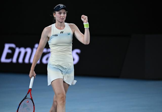 (260129) -- MELBOURNE, Jan. 29, 2026 (Xinhua) -- Elena Rybakina reacts after the women's singles semifinal match between Jessica Pegula of the United States and Elena Rybakina of Kazakhstan at the Australian Open tennis tournament in Melbourne, Australia, Jan. 29, 2026. (Photo by Wang Shen/Xinhua)