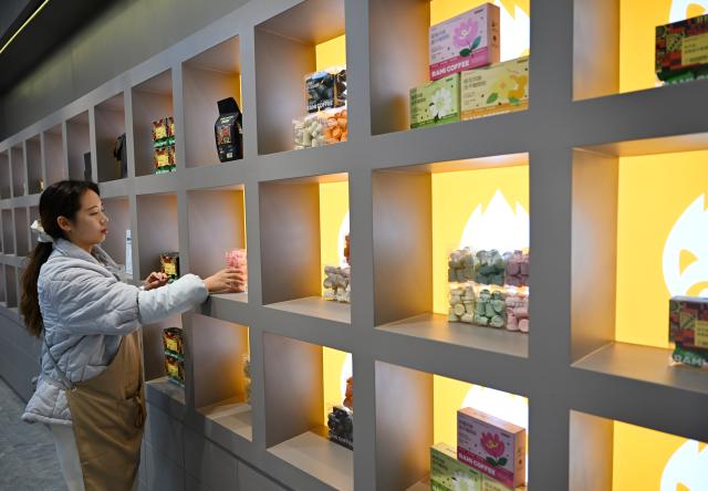 (260129) -- PUYANG, Jan. 29, 2026 (Xinhua) -- A staff member arranges coffee products at a display area of a coffee industrial demonstration park in Puyang County, central China's Henan Province, Jan. 27, 2026. In recent years, Puyang County has developed a coffee industrial demonstration park, establishing coffee processing factories and developing a full-industry-chain coffee production system. Sourcing coffee beans primarily from Ethiopia and Uganda, its products are exported to multiple countries, including Singapore and the United States. (Xinhua/Hao Yuan)