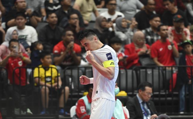 (260129) -- JAKARTA, Jan. 29, 2026 (Xinhua) -- Shokhrukh Makhmadaminov of Kyrgyz Republic celerates his goal during the group A match between Kyrgyz Republic and Indonesia at the AFC Futsal Asian Cup 2026 in Jakarta, Indonesia, Jan. 29, 2026. (Xinhua/Zulkarnain)