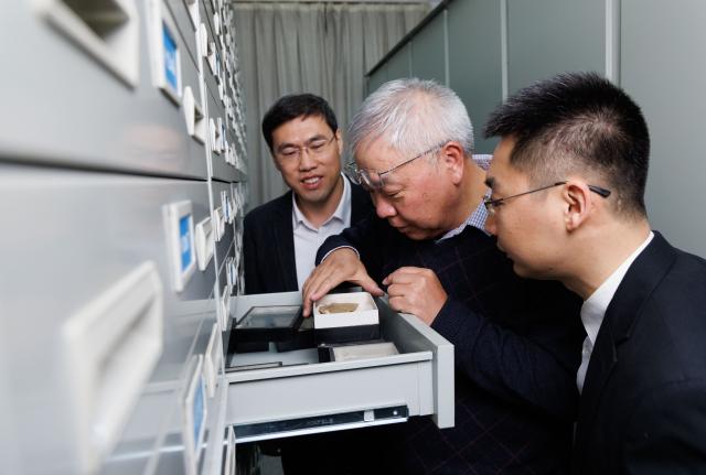 (260129) -- NANJING, Jan. 29, 2026 (Xinhua) -- Researchers Zhu Maoyan (C), Zhao Fangchen (L) and Zeng Han observe a fossil at a sample room of Nanjing Institute of Geology and Palaeontology at the Chinese Academy of Sciences (NIGPAS) in Nanjing, east China's Jiangsu Province, Jan. 22, 2026. TO GO WITH "Across China: Chinese fossil find illuminates Earth's earliest mass extinction" (Xinhua/Jin Liwang)