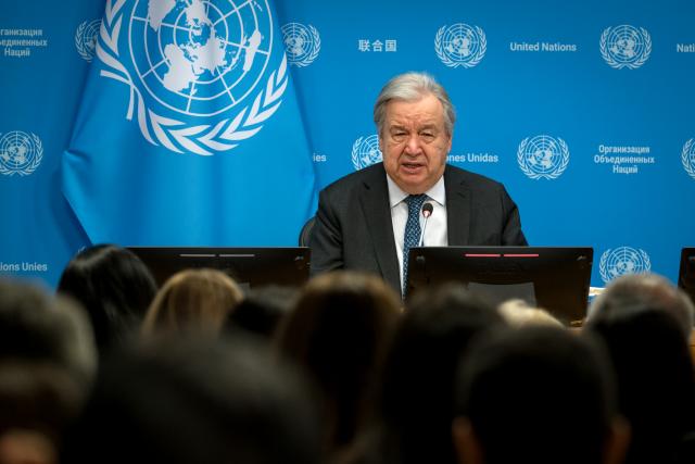 (260129) -- UNITED NATIONS, Jan. 29, 2026 (Xinhua) -- UN Secretary-General Antonio Guterres speaks at a start-of-year press conference at the UN headquarters in New York, Jan. 29, 2026. Guterres on Thursday warned that power is prevailing over law globally and called for the acceleration of multipolarity. (Mark Garten/UN Photo/Handout via Xinhua)