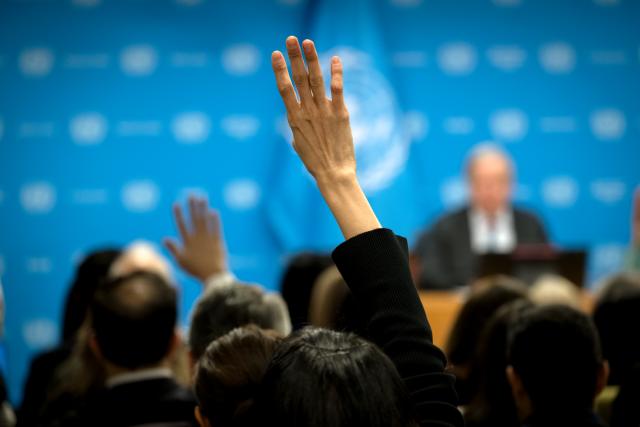 (260129) -- UNITED NATIONS, Jan. 29, 2026 (Xinhua) -- UN Secretary-General Antonio Guterres (in background) holds a start-of-year press conference at the UN headquarters in New York, Jan. 29, 2026. Guterres on Thursday warned that power is prevailing over law globally and called for the acceleration of multipolarity. (Mark Garten/UN Photo/Handout via Xinhua)