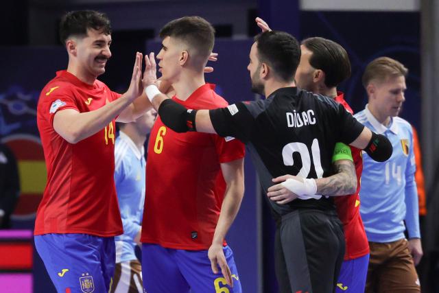 (260130) -- LJUBLJANA, Jan. 30, 2026 (Xinhua) -- Players of Spain celebrate a goal during the UEFA Futsal EURO 2026 group match between Spain and Belgium at Arena Stozice, Ljubljana, Slovenia, Jan. 29, 2026. (Photo by Zeljko Stevanic/Xinhua)
