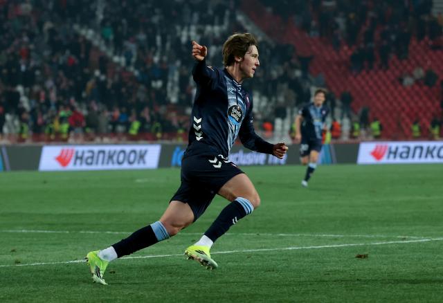 (260130) -- BELGRADE, Jan. 30, 2026 (Xinhua) -- Celta Vigo's Fer Lopez celebrates his goal during the UEFA Europa League football match between Crvena Zvezda and Celta Vigo in Belgrade, Serbia, on Jan. 29, 2026. (Photo by Predrag Milosavljevic/Xinhua)