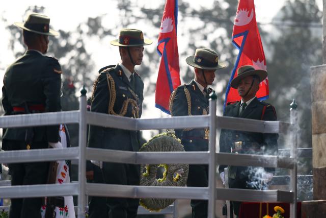 (260130) -- KATHMANDU, Jan. 30, 2026 (Xinhua) -- Nepal's Army personnel pay homage to martyrs on the occasion of Martyrs' Day at Martyrs Memorial Park in Kathmandu, Nepal, Jan. 30, 2026. (Photo by Sulav Shrestha/Xinhua)