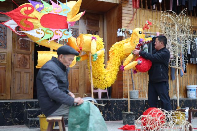 (260130) -- SHIQIAN, Jan. 30, 2026 (Xinhua) -- Dai Xin (R) and his father Dai Shangfu make Maolong (hairy dragon) latern at his residence in Shiqian County, southwest China's Guizhou Province, Jan. 27, 2026. The "Maolong (hairy dragon) Festival" of Gelao ethnic group is a national-level intangible cultural heritage. Maolong laterns, the theme artifacts of the Maolong Festival, is a school of dragon lanterns unique to Shiqian. 
   A Malong lantern contains a bamboo strip framework, wrapped in skillfully cut colorful paper strips that give it a "hairy" appearance.
   Dai Xin is the national-level inheritor of this craft. His father Dai Shangfu is also a renowned craftsman specialized in Maolong making and Maolong dance. 
   The Dai family, in which the Maolong craft has been passed down for six generations, is among the many guardians of legacies of the Gelao ethnic group. (Xinhua/Liu Xu)