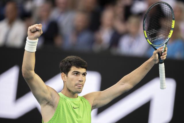 (260130) -- MELBOURNE, Jan. 30, 2026 (Xinhua) -- Carlos Alcaraz reacts after the men's singles semifinal match between Carlos Alcaraz of Spain and Alexander Zverev of Germany at the Australian Open tennis tournament in Melbourne, Australia, Jan. 30, 2026. (Photo by Hu Jingchen/Xinhua)