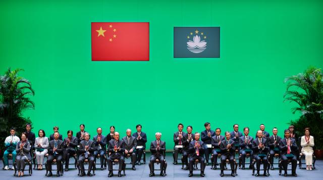 (260130) -- MACAO, Jan. 30, 2026 (Xinhua) -- An award ceremony is held by China's Macao Special Administrative Region (SAR) to confer honors on individuals and entities for their achievements, contributions, and services to the SAR in 2025, in Macao, south China, Jan. 30, 2026. Sam Hou Fai, chief executive of the Macao SAR, presented the decorations, medals, and certificates of merit to 28 individuals and entities at the award ceremony. (Xinhua/Cheong Kam Ka)