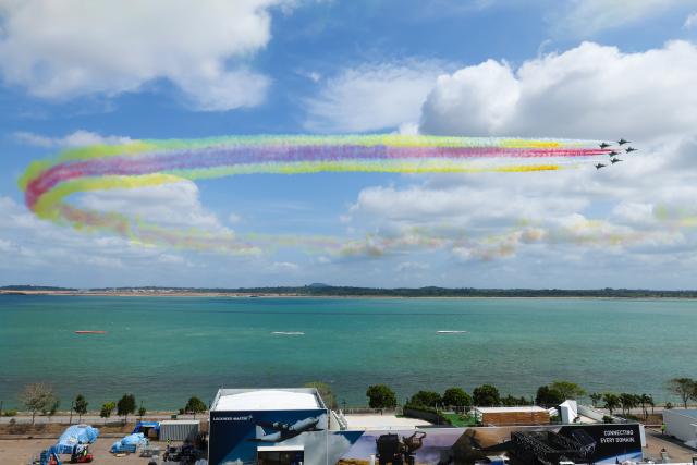 (260130) -- SINGAPORE, Jan. 30, 2026 (Xinhua) -- Aircraft of the Bayi Aerobatic Team of the Chinese People's Liberation Army (PLA) Air Force conduct training exercises for the 10th Singapore Airshow over the sea near Singapore's Changi Airport in Singapore, Jan. 30, 2026. (Photo by Zhu Jianghai/Xinhua)