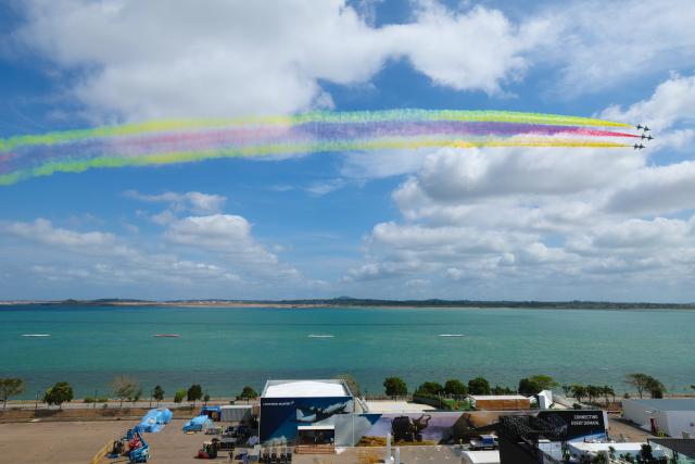 (260130) -- SINGAPORE, Jan. 30, 2026 (Xinhua) -- Aircraft of the Bayi Aerobatic Team of the Chinese People's Liberation Army (PLA) Air Force conduct training exercises for the 10th Singapore Airshow over the sea near Singapore's Changi Airport in Singapore, Jan. 30, 2026. (Photo by Zhu Jianghai/Xinhua)