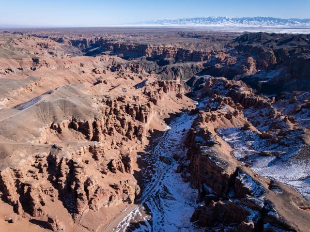 (260130) -- ALMATY, Jan. 30, 2026 (Xinhua) -- An aerial drone photo taken on Jan. 30, 2026 shows the scenery of the Charyn Canyon in Almaty Region, Kazakhstan. (Xinhua/Li Renzi)