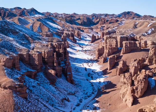 (260130) -- ALMATY, Jan. 30, 2026 (Xinhua) -- An aerial drone photo taken on Jan. 30, 2026 shows the scenery of the Charyn Canyon in Almaty Region, Kazakhstan. (Xinhua/Li Renzi)