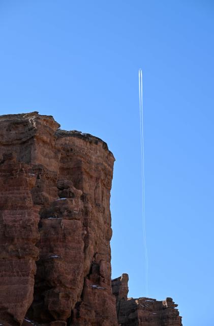 (260130) -- ALMATY, Jan. 30, 2026 (Xinhua) -- An airplane flies over the Charyn Canyon in Almaty Region, Kazakhstan, Jan. 30, 2026. (Xinhua/Li Renzi)