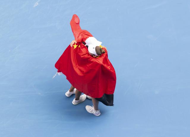 (260131) -- MELBOURNE, Jan. 31, 2026 (Xinhua) -- Zhang Shuai (L)/Elise Mertens celebrate winning the women's doubles final match between Zhang Shuai (China)/Elise Mertens (Belgium) and Anna Danilina (Kazakhstan)/Aleksandra Krunic (Serbia) at the Australian Open tennis tournament in Melbourne, Australia, Jan. 31, 2026. (Photo by Hu Jingchen/Xinhua)