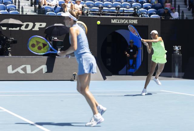 (260131) -- MELBOURNE, Jan. 31, 2026 (Xinhua) -- Zhang Shuai (R)/Elise Mertens compete during the women's doubles final match between Zhang Shuai (China)/Elise Mertens (Belgium) and Anna Danilina (Kazakhstan)/Aleksandra Krunic (Serbia) at the Australian Open tennis tournament in Melbourne, Australia, Jan. 31, 2026. (Photo by Hu Jingchen/Xinhua)