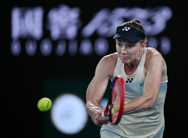 (260131) -- MELBOURNE, Jan. 31, 2026 (Xinhua) -- Elena Rybakina hits a return during the women's singles final between Elena Rybakina of Kazakhstan and Aryna Sabalenka of Belarus at the Australian Open tennis tournament in Melbourne, Australia, Jan. 31, 2026. (Photo by Wang Shen/Xinhua)