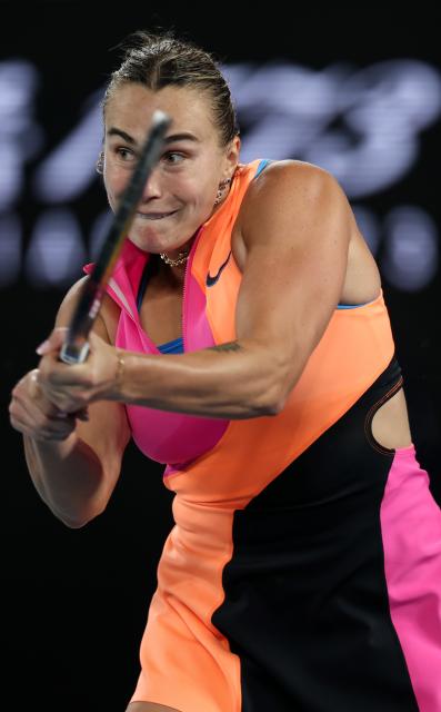 (260131) -- MELBOURNE, Jan. 31, 2026 (Xinhua) -- Aryna Sabalenka hits a return during the women's singles final between Elena Rybakina of Kazakhstan and Aryna Sabalenka of Belarus at the Australian Open tennis tournament in Melbourne, Australia, Jan. 31, 2026. (Xinhua/Ma Ping)