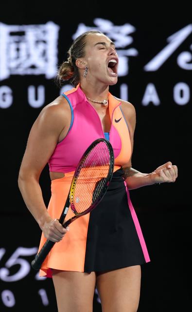 (260131) -- MELBOURNE, Jan. 31, 2026 (Xinhua) -- Aryna Sabalenka reacts during the women's singles final between Elena Rybakina of Kazakhstan and Aryna Sabalenka of Belarus at the Australian Open tennis tournament in Melbourne, Australia, Jan. 31, 2026. (Xinhua/Ma Ping)