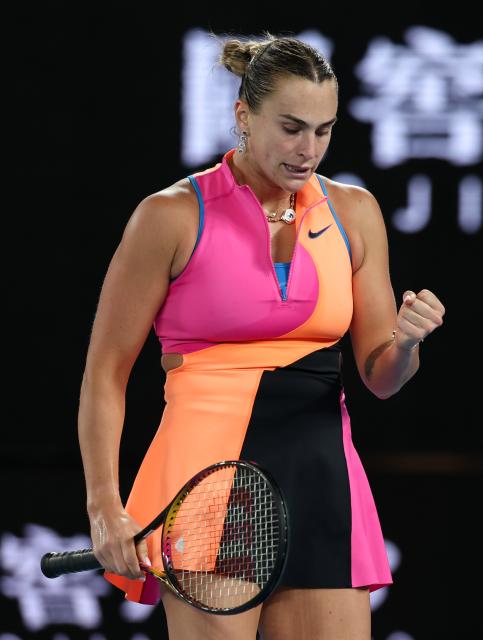 (260131) -- MELBOURNE, Jan. 31, 2026 (Xinhua) -- Aryna Sabalenka reacts during the women's singles final between Elena Rybakina of Kazakhstan and Aryna Sabalenka of Belarus at the Australian Open tennis tournament in Melbourne, Australia, Jan. 31, 2026. (Xinhua/Ma Ping)
