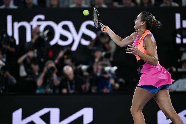 (260131) -- MELBOURNE, Jan. 31, 2026 (Xinhua) -- Aryna Sabalenka hits a return during the women's singles final between Elena Rybakina of Kazakhstan and Aryna Sabalenka of Belarus at the Australian Open tennis tournament in Melbourne, Australia, Jan. 31, 2026. (Photo by Wang Shen/Xinhua)