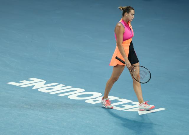 (260131) -- MELBOURNE, Jan. 31, 2026 (Xinhua) -- Aryna Sabalenka reacts during the women's singles final between Elena Rybakina of Kazakhstan and Aryna Sabalenka of Belarus at the Australian Open tennis tournament in Melbourne, Australia, Jan. 31, 2026. (Xinhua/Ma Ping)