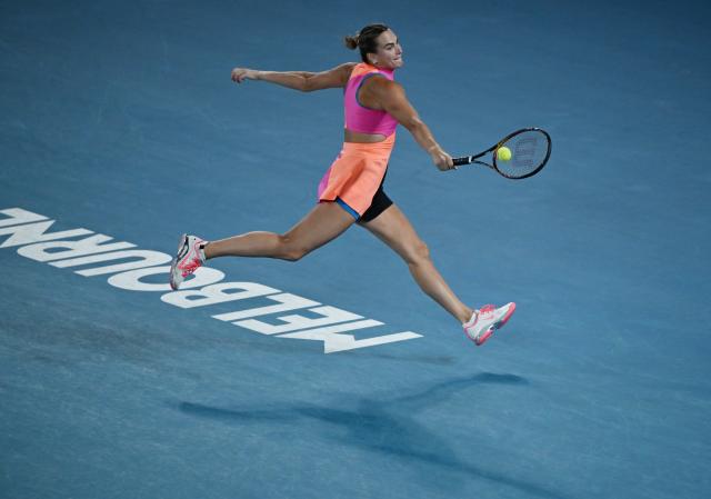 (260131) -- MELBOURNE, Jan. 31, 2026 (Xinhua) -- Aryna Sabalenka hits a return during the women's singles final between Elena Rybakina of Kazakhstan and Aryna Sabalenka of Belarus at the Australian Open tennis tournament in Melbourne, Australia, Jan. 31, 2026. (Photo by Wang Shen/Xinhua)