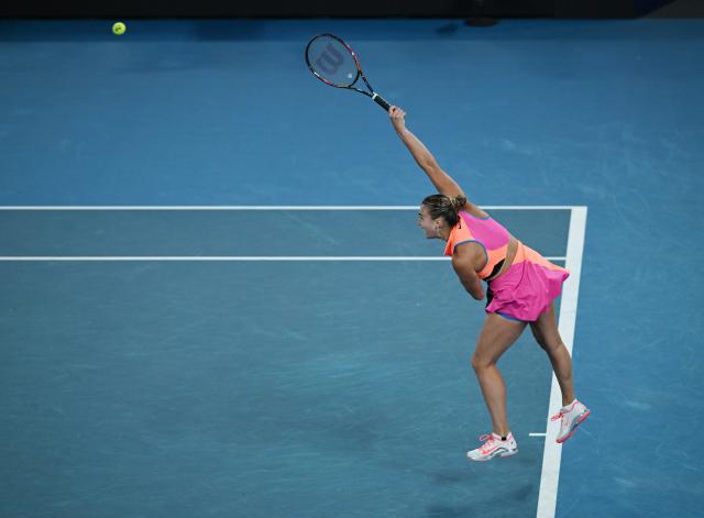 (260131) -- MELBOURNE, Jan. 31, 2026 (Xinhua) -- Aryna Sabalenka serves during the women's singles final between Elena Rybakina of Kazakhstan and Aryna Sabalenka of Belarus at the Australian Open tennis tournament in Melbourne, Australia, Jan. 31, 2026. (Photo by Wang Shen/Xinhua)