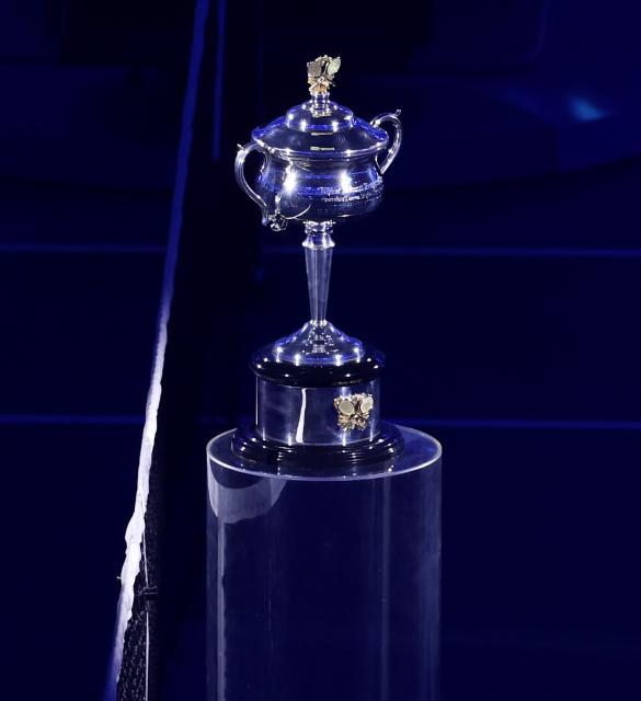 (260131) -- MELBOURNE, Jan. 31, 2026 (Xinhua) -- The trophy is seen before the women's singles final between Elena Rybakina of Kazakhstan and Aryna Sabalenka of Belarus at the Australian Open tennis tournament in Melbourne, Australia, Jan. 31, 2026. (Xinhua/Ma Ping)