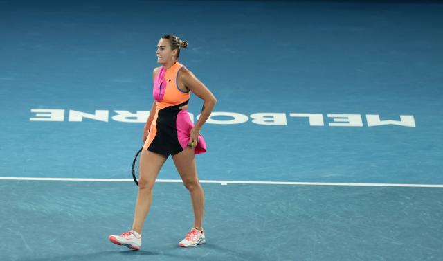 (260131) -- MELBOURNE, Jan. 31, 2026 (Xinhua) -- Aryna Sabalenka is seen during the women's singles final between Elena Rybakina of Kazakhstan and Aryna Sabalenka of Belarus at the Australian Open tennis tournament in Melbourne, Australia, Jan. 31, 2026. (Xinhua/Ma Ping)