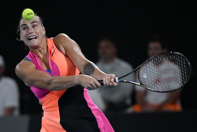 (260131) -- MELBOURNE, Jan. 31, 2026 (Xinhua) -- Aryna Sabalenka hits a return during the women's singles final between Elena Rybakina of Kazakhstan and Aryna Sabalenka of Belarus at the Australian Open tennis tournament in Melbourne, Australia, Jan. 31, 2026. (Photo by Wang Shen/Xinhua)