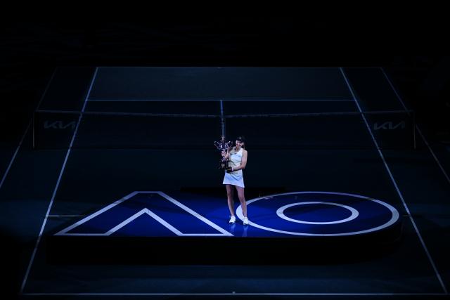 (260131) -- MELBOURNE, Jan. 31, 2026 (Xinhua) -- Elena Rybakina holds the trophy during the awarding ceremony after the women's singles final between Elena Rybakina of Kazakhstan and Aryna Sabalenka of Belarus at the Australian Open tennis tournament in Melbourne, Australia, Jan. 31, 2026. (Photo by Wang Shen/Xinhua)