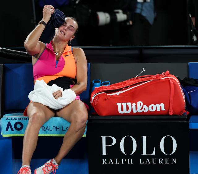 (260131) -- MELBOURNE, Jan. 31, 2026 (Xinhua) -- Aryna Sabalenka reacts after the women's singles final between Elena Rybakina of Kazakhstan and Aryna Sabalenka of Belarus at the Australian Open tennis tournament in Melbourne, Australia, Jan. 31, 2026. (Xinhua/Ma Ping)