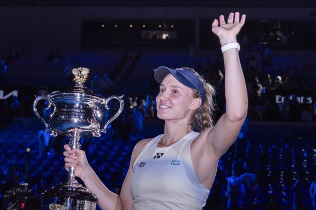 (260131) -- MELBOURNE, Jan. 31, 2026 (Xinhua) -- Elena Rybakina holds the trophy during the awarding ceremony after the women's singles final between Elena Rybakina of Kazakhstan and Aryna Sabalenka of Belarus at the Australian Open tennis tournament in Melbourne, Australia, Jan. 31, 2026. (Photo by Hu Jingchen/Xinhua)
