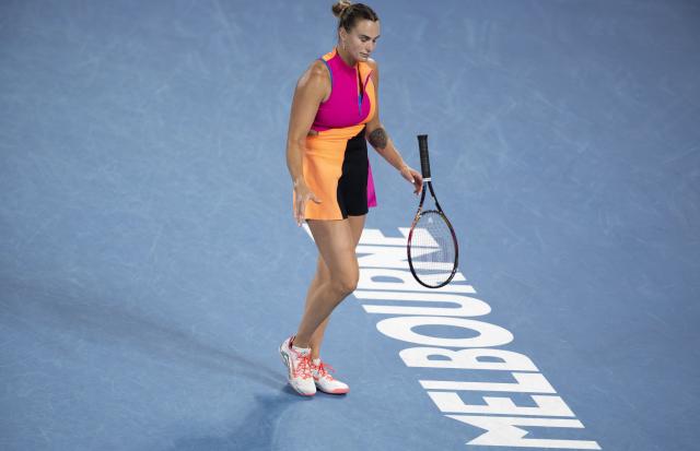 (260131) -- MELBOURNE, Jan. 31, 2026 (Xinhua) -- Aryna Sabalenka reacts during the women's singles final between Elena Rybakina of Kazakhstan and Aryna Sabalenka of Belarus at the Australian Open tennis tournament in Melbourne, Australia, Jan. 31, 2026. (Photo by Hu Jingchen/Xinhua)