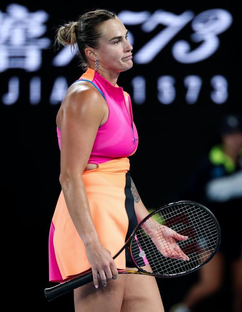 (260131) -- MELBOURNE, Jan. 31, 2026 (Xinhua) -- Aryna Sabalenka reacts during the women's singles final between Elena Rybakina of Kazakhstan and Aryna Sabalenka of Belarus at the Australian Open tennis tournament in Melbourne, Australia, Jan. 31, 2026. (Xinhua/Ma Ping)