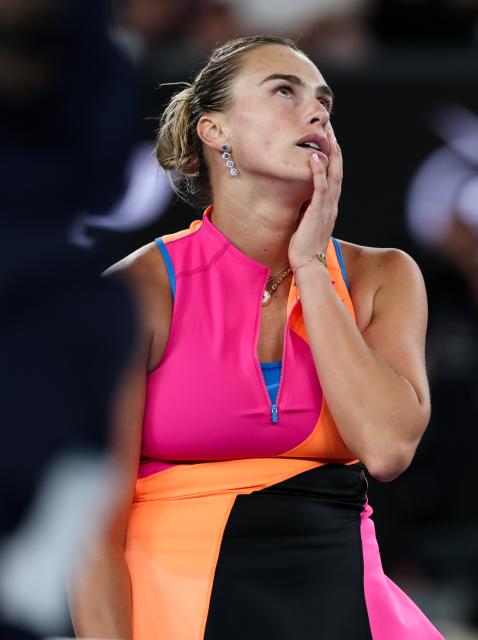 (260131) -- MELBOURNE, Jan. 31, 2026 (Xinhua) -- Aryna Sabalenka reacts during the women's singles final between Elena Rybakina of Kazakhstan and Aryna Sabalenka of Belarus at the Australian Open tennis tournament in Melbourne, Australia, Jan. 31, 2026. (Xinhua/Ma Ping)