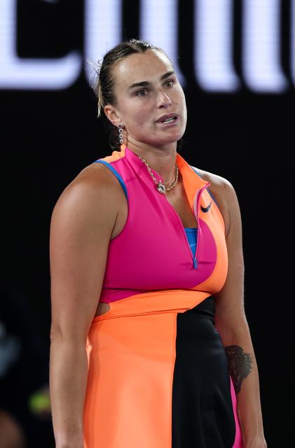 (260131) -- MELBOURNE, Jan. 31, 2026 (Xinhua) -- Aryna Sabalenka reacts during the women's singles final between Elena Rybakina of Kazakhstan and Aryna Sabalenka of Belarus at the Australian Open tennis tournament in Melbourne, Australia, Jan. 31, 2026. (Xinhua/Ma Ping)