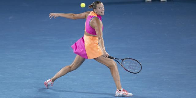 (260131) -- MELBOURNE, Jan. 31, 2026 (Xinhua) -- Aryna Sabalenka hits a return during the women's singles final between Elena Rybakina of Kazakhstan and Aryna Sabalenka of Belarus at the Australian Open tennis tournament in Melbourne, Australia, Jan. 31, 2026. (Photo by Hu Jingchen/Xinhua)