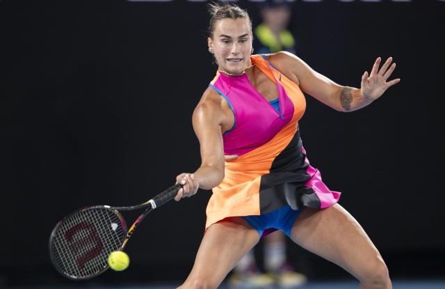 (260131) -- MELBOURNE, Jan. 31, 2026 (Xinhua) -- Aryna Sabalenka hits a return during the women's singles final between Elena Rybakina of Kazakhstan and Aryna Sabalenka of Belarus at the Australian Open tennis tournament in Melbourne, Australia, Jan. 31, 2026. (Photo by Hu Jingchen/Xinhua)
