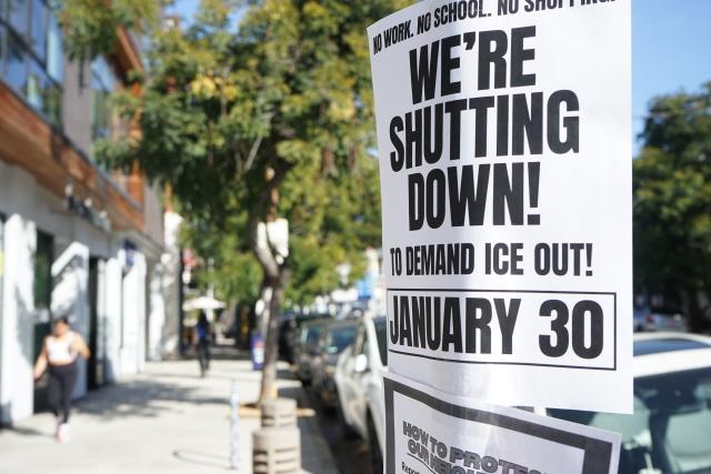 (260131) -- SAN FRANCISCO, Jan. 31, 2026 (Xinhua) -- A protest sign joining "National Shutdown" is pictured in Los Angeles, California, the United States, on Jan. 30, 2026. Protesters gathered across the United States on Friday for a nationwide general strike against federal immigration enforcement operations and the recent fatal shootings by immigration agents.
TO GO WITH "Roundup: Anti-ICE protests held across U.S." (Xinhua)
