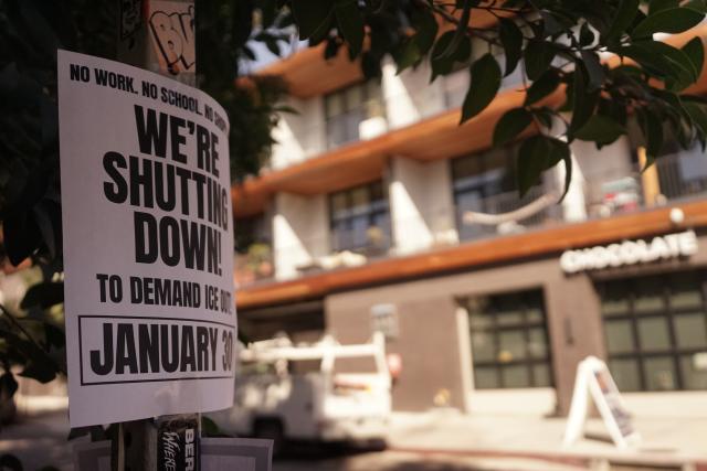 (260131) -- SAN FRANCISCO, Jan. 31, 2026 (Xinhua) -- A protest sign joining "National Shutdown" is pictured in Los Angeles, California, the United States, on Jan. 30, 2026. Protesters gathered across the United States on Friday for a nationwide general strike against federal immigration enforcement operations and the recent fatal shootings by immigration agents.
TO GO WITH "Roundup: Anti-ICE protests held across U.S." (Xinhua)
