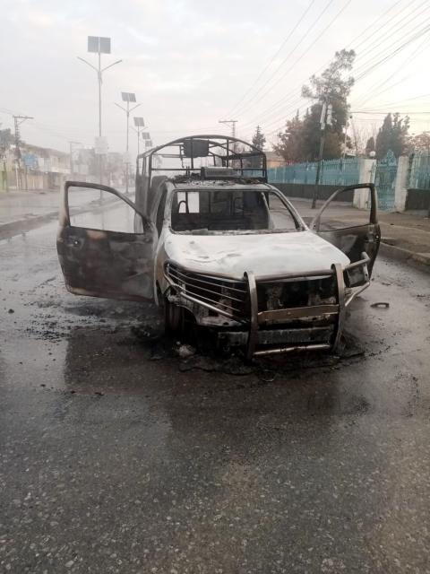 (260131) -- QUETTA, Jan. 31, 2026 (Xinhua) -- This photo taken with a mobile phone shows a burnt police vehicle following an attack in Quetta, southwest Pakistan's Balochistan province, on Jan. 31, 2026. At least 58 terrorists, 15 troops, policemen and civilians were killed during follow-up operations launched in response to coordinated attacks in Pakistan's southwestern Balochistan province, security sources said on Saturday. (Photo by Asad/Xinhua)