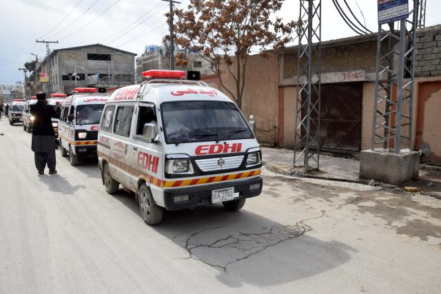(260131) -- QUETTA, Jan. 31, 2026 (Xinhua) -- Ambulances gather near an attack site in Quetta, southwest Pakistan's Balochistan province, on Jan. 31, 2026. At least 58 terrorists, 15 troops, policemen and civilians were killed during follow-up operations launched in response to coordinated attacks in Pakistan's southwestern Balochistan province, security sources said on Saturday. (Photo by Asad/Xinhua)