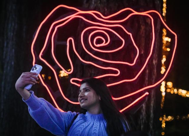 (260201) -- NORTH VANCOUVER, Feb. 1, 2026 (Xinhua) -- A woman takes photos with a Valentine's Day-themed decoration during the "Love Lights" event at Capilano Suspension Bridge Park in North Vancouver, British Columbia, Canada, on Jan. 31, 2026. "Love Lights" is a Valentine's Day-themed attraction featuring romantic illuminations and decorations throughout the park. The event kicked off on Jan. 30 and will last until Feb. 22. (Photo by Liang Sen/Xinhua)