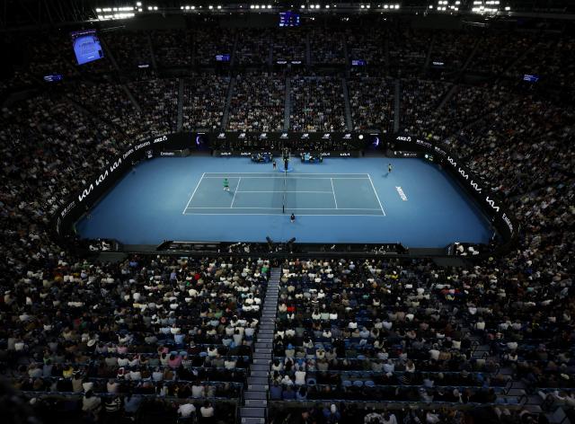 (260201) -- MELBOURNE, Feb. 1, 2026 (Xinhua) -- Carlos Alcaraz competes with Novak Djokovic during the men's singles final between Carlos Alcaraz of Spain and Novak Djokovic of Serbia at the Australian Open tennis tournament in Melbourne, Australia, Feb. 1, 2026. (Xinhua/Ma Ping)