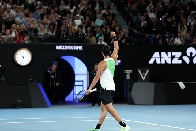 (260201) -- MELBOURNE, Feb. 1, 2026 (Xinhua) -- Carlos Alcaraz celebrates during the men's singles final between Carlos Alcaraz of Spain and Novak Djokovic of Serbia at the Australian Open tennis tournament in Melbourne, Australia, Feb. 1, 2026. (Xinhua/Ma Ping)