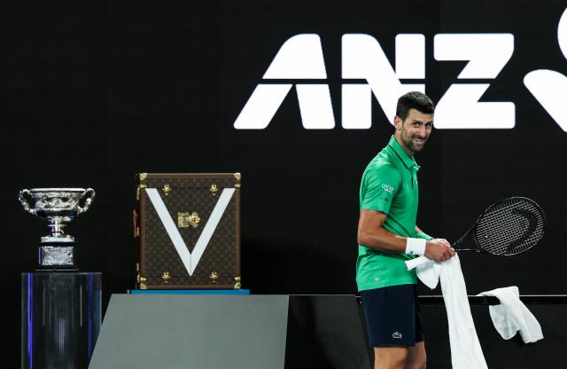 (260201) -- MELBOURNE, Feb. 1, 2026 (Xinhua) -- Novak Djokovic reacts during the men's singles final between Carlos Alcaraz of Spain and Novak Djokovic of Serbia at the Australian Open tennis tournament in Melbourne, Australia, Feb. 1, 2026. (Xinhua/Ma Ping)