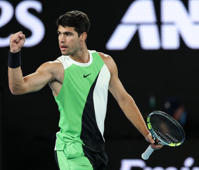 (260201) -- MELBOURNE, Feb. 1, 2026 (Xinhua) -- Carlos Alcaraz celebrates during the men's singles final between Carlos Alcaraz of Spain and Novak Djokovic of Serbia at the Australian Open tennis tournament in Melbourne, Australia, Feb. 1, 2026. (Xinhua/Ma Ping)